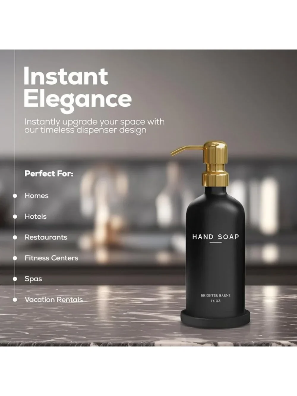 Elegant Refillable Glass Hand Soap Dispenser Set for Black & Gold Bathroom Decor